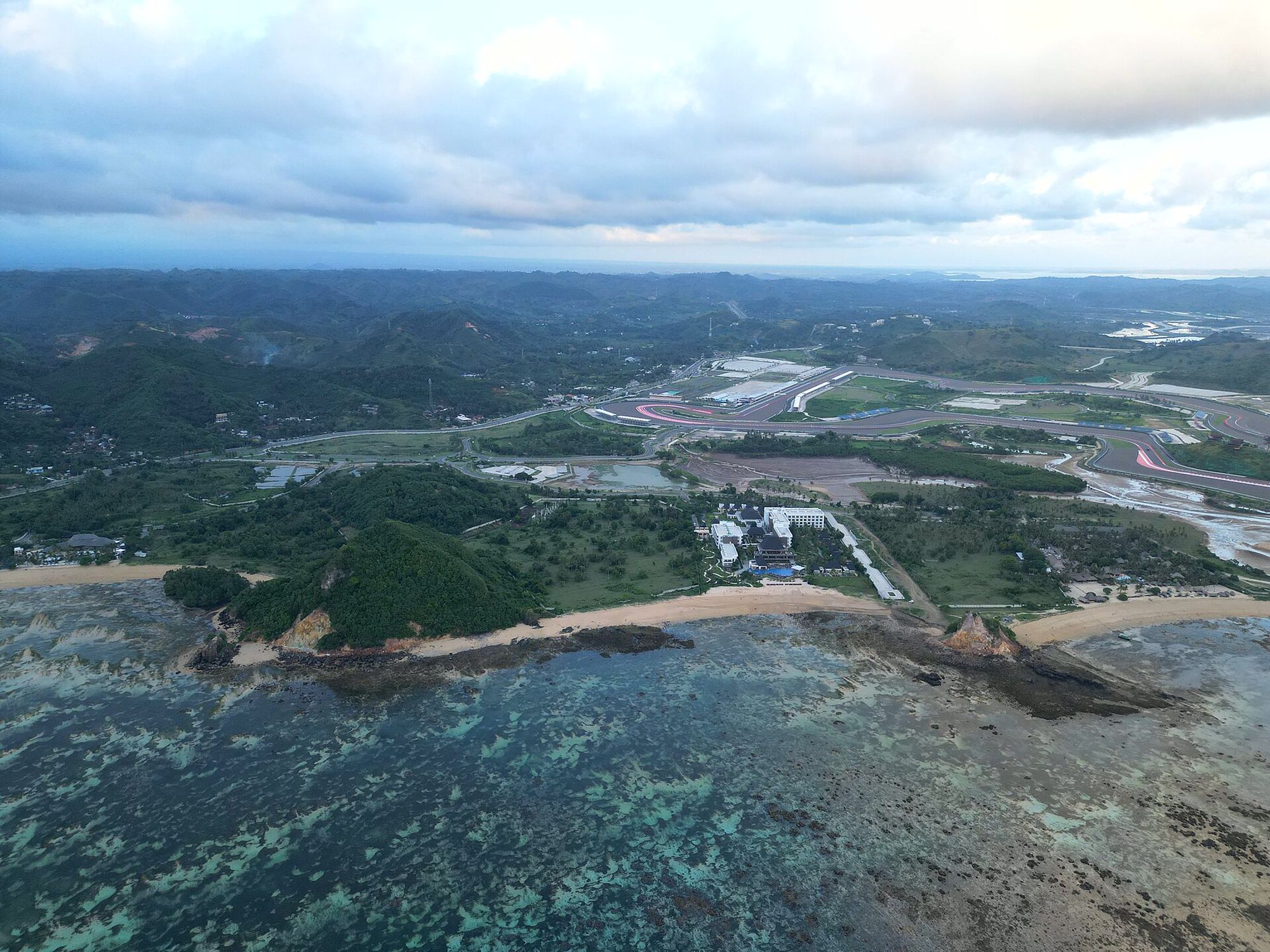 Mandalika International Street Circuit from above — the racetrack, coastline and reef