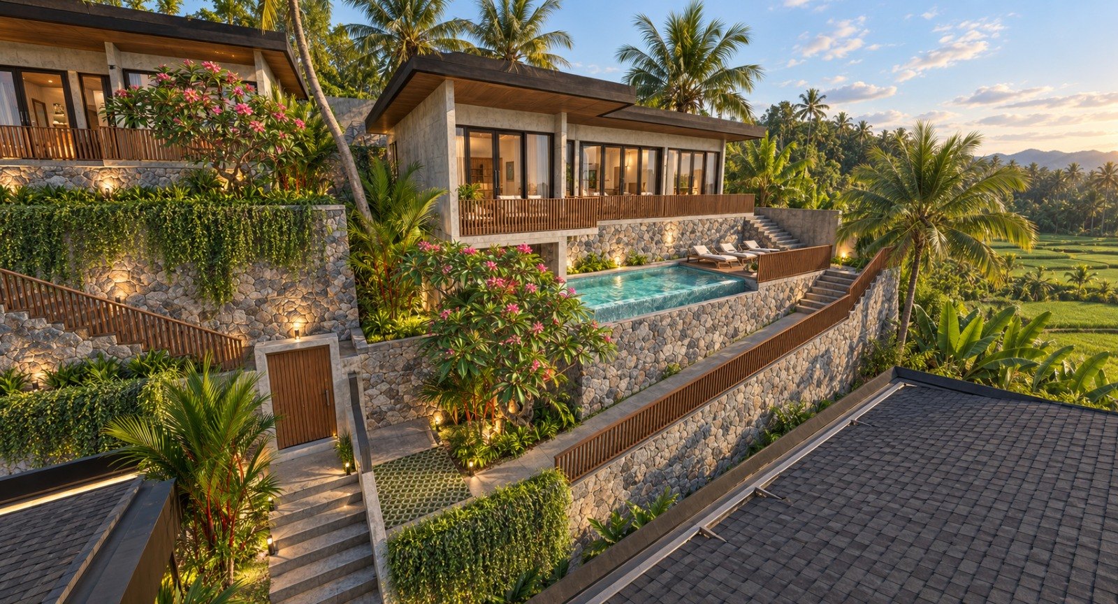 Artist impression: two-bedroom villa lit up in the evening