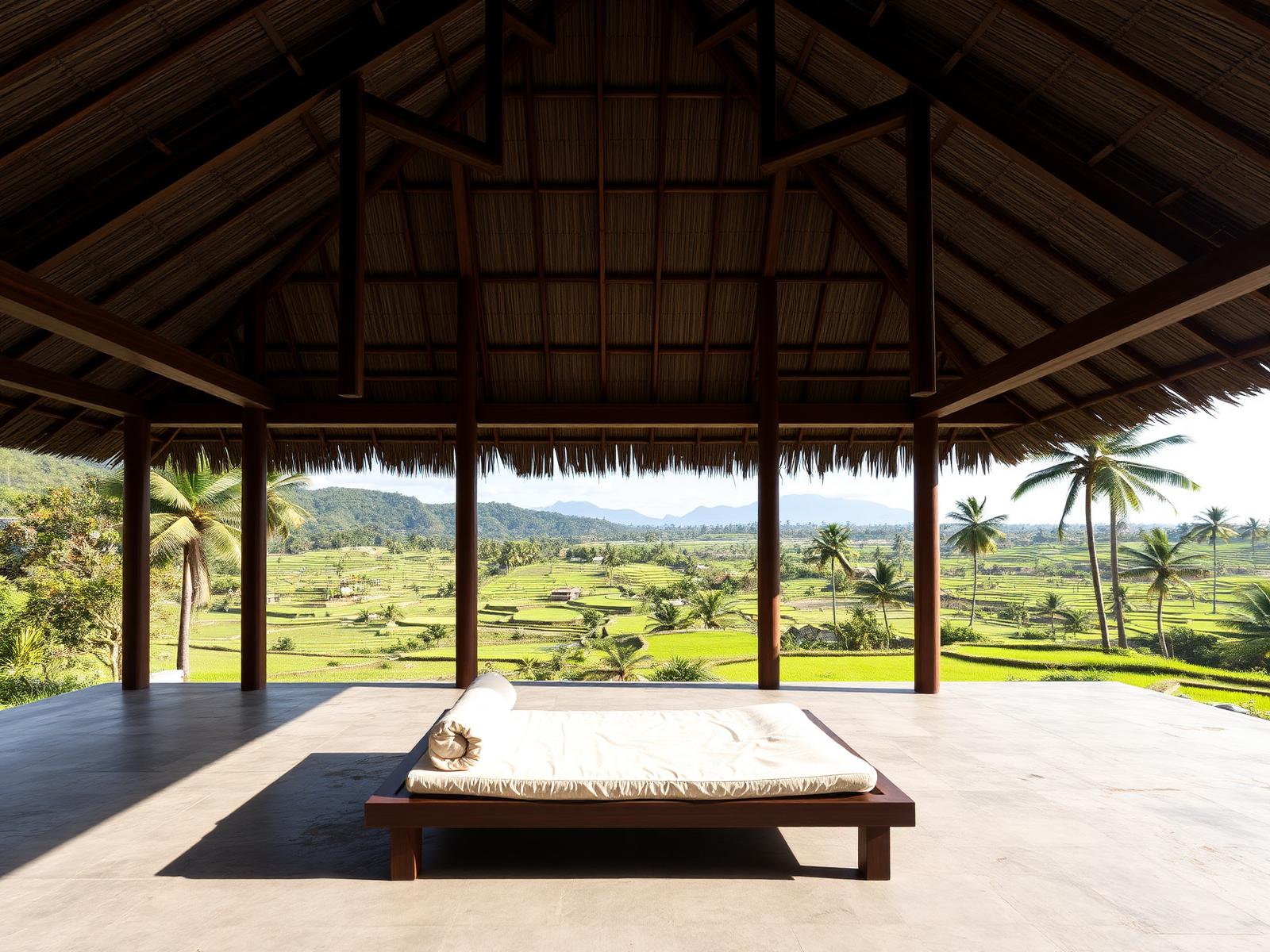 Open timber pavilion looking out over terraced ricefields and distant hills